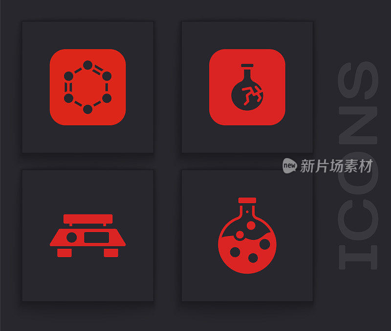 Set Test tube and flask, Formula of benzene rings, Cracked and Electronic scales icon. Vector